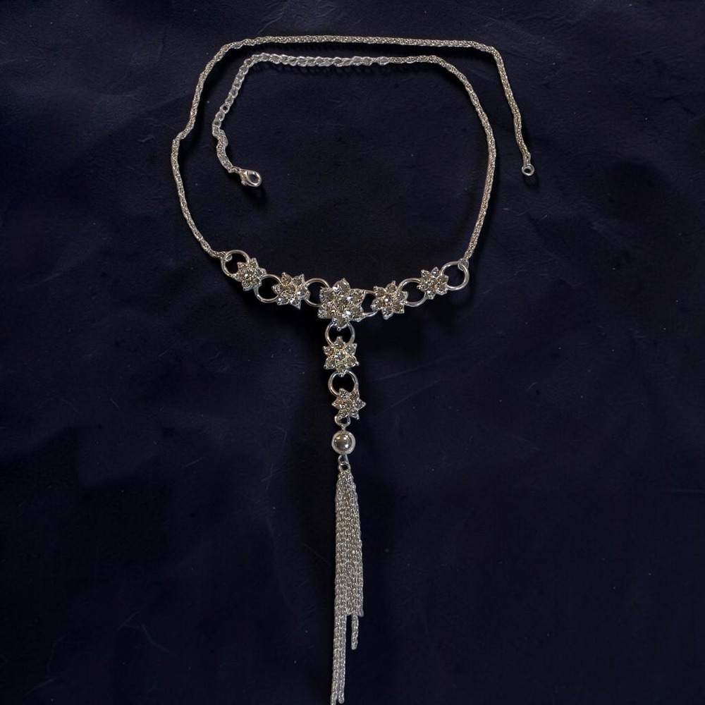 Vintage Rhinestone Floral Y Necklace with Chain Tassel